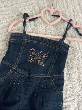 Girls Dark Blue Denim Romper with Rhinestone Butterfly